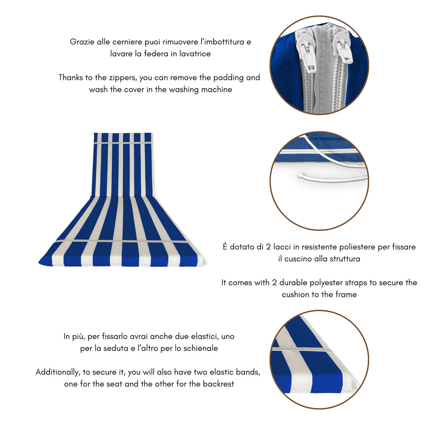 Cuscino blu fasciato per lettino prendisole - Poliestere impermeabile