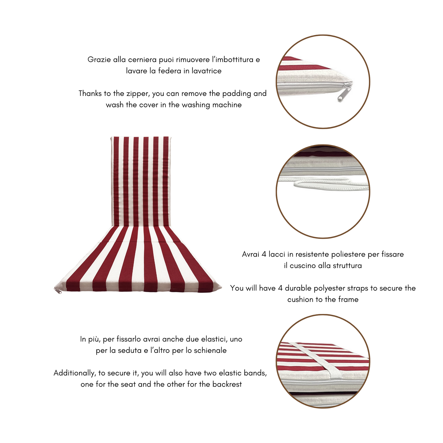 Cuscino fasciato Bordeaux per Sdraio mare 165x50 cm - Prolunga