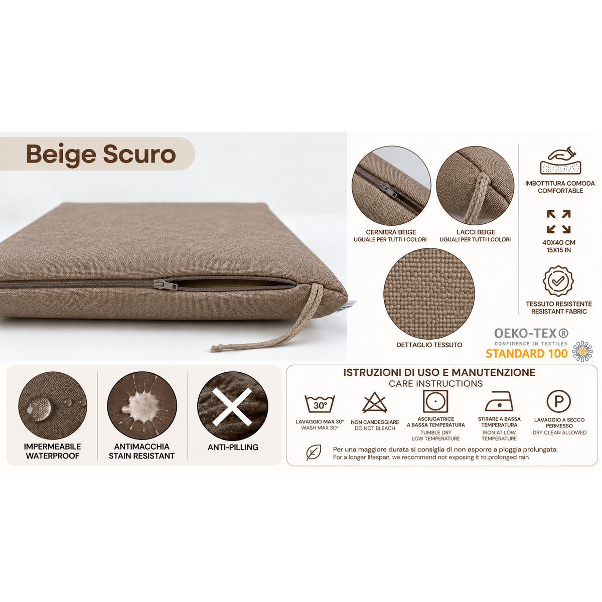 Cuscini copri sedie da cucina antimacchia Sfoderabilii Beige Scuro - Linea Palermo