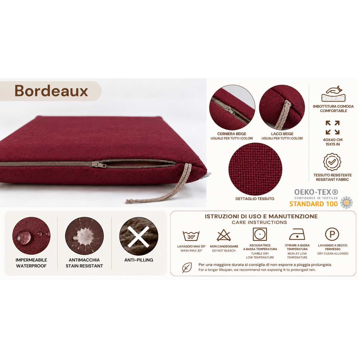 Cuscini copri sedie da cucina antimacchia Sfoderabilii Bordeaux - Linea Palermo