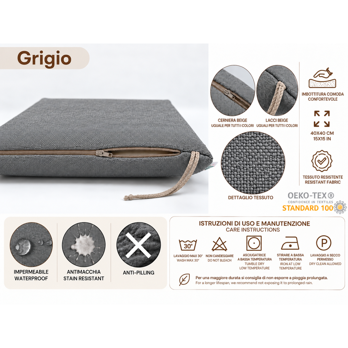 Cuscini copri sedie da cucina antimacchia Sfoderabilii Grigio - Linea Palermo